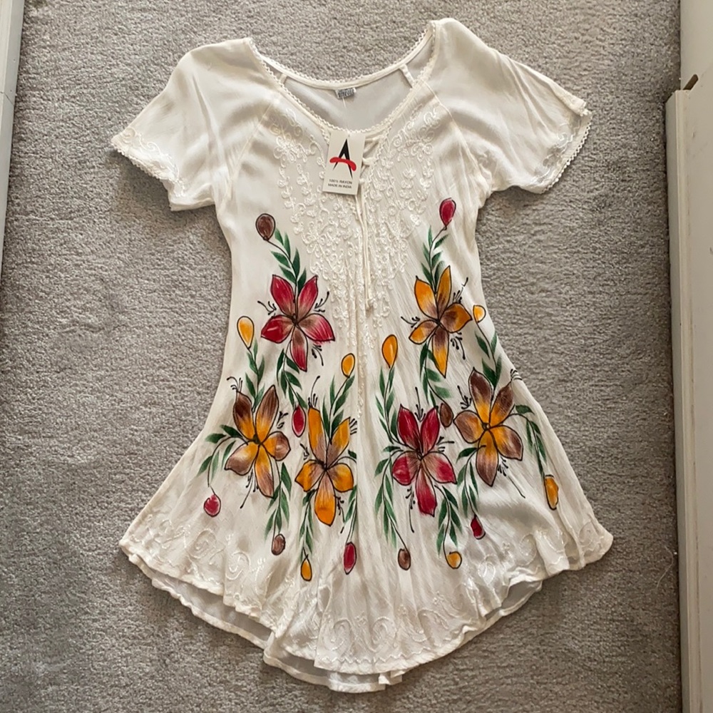 White rayon hand painted floral dress